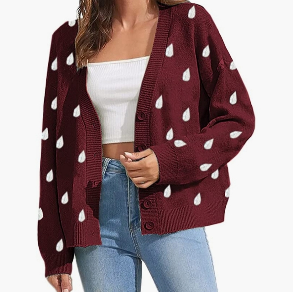 MISUMALLS Women's Cute Knit Cardigan Sweaters V Neck Long Sleeve Button Raindrop